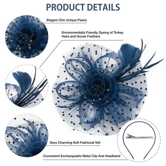 Navy Blue Fascinators Hats For Women, Tea Party Headband Derby Hats 5982 - Picture 4 of 7